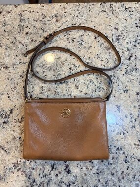 Michael Kors Brown Pebbled Leather Crossbody with Gold MK Logo